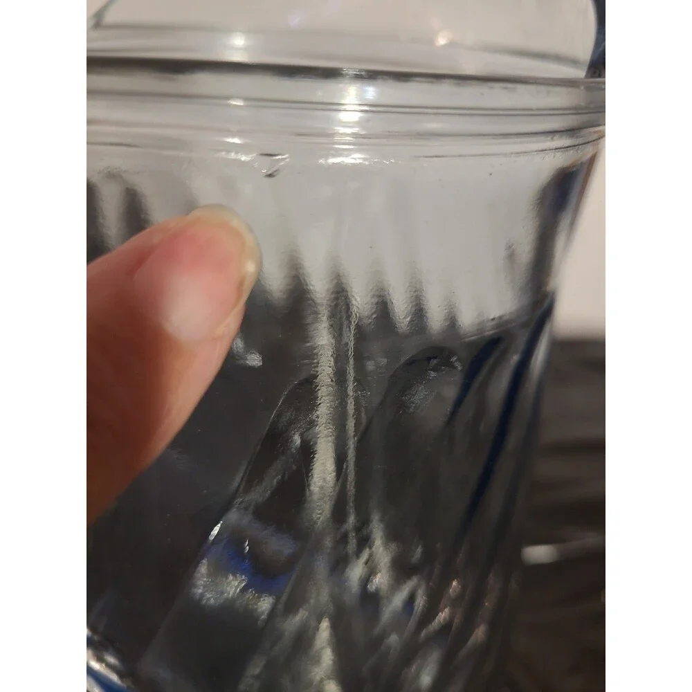Vintage Indiana Blue Swirled Glass Water Pitcher with Ice Lip 9.25” H